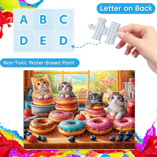 4-Pack 100 Piece Puzzles for Kids Ages 6-8 8-10 Year Old Large Piece Puzzles for Seniors 100 Pieces Jigsaw Puzzles for Kids Ages 4-6, Learning Educational Toys for Boys and Girls- Dogs Kittens Donuts - style: Cat Dog Donut