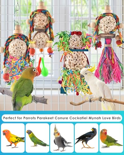 Bissap Conure Toys, 4 PCS Bird Parrot Foraging Shredder Hanging Toys Sola Balls with Sand Hammer for Small Parrots Parakeets Conures Cockatiels Love Birds Cage Toy - size: 4 PCS