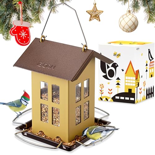 iBorn Bird Feeder House, Metal Bird Feeders for Outdoors Hanging,Double-Sided Metal Hanger & Weatherproof, Easy to Clean & Refill, 2.2 Lbs Capacity, Muted Yellow - color: Muted Yellow