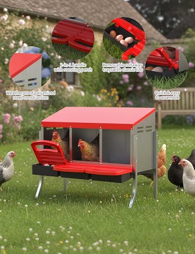 GarveeLife Chicken Nesting Box 3 Hole, Galvanized Steel Nest with Roll Away Egg Collection & Swing Perch, Easy-Clean Laying Box for Hens, Heavy Duty Design for Chicken Coop - color: Red, size: 3 holes with legs