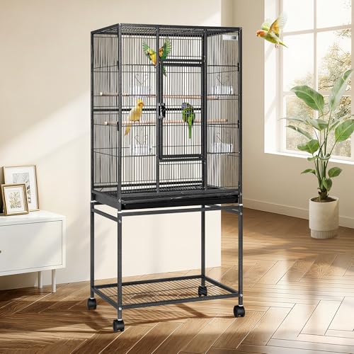 VIVOHOME 54 Inch Wrought Iron Large Bird Cage with Rolling Stand | Bird Flight Cage with Stand, Casters, Slide-out Tray for Parakeets Canaries Parrot Cockatiels Lovebirds Conures, Black - color: Black