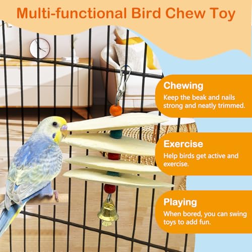 3 Pack Bird Chewing Toy Cuttlebone Parrot Toy with Bell Hanging Bird Beak Grinding Stone Parakeet Cage Accessories for Small Budgies Lovebirds Cockatiels (Flake, 4 Per Skewer) - size: 4 Flake-like