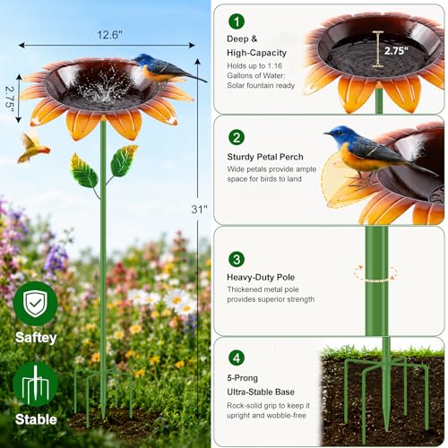 Bird Bath for Outside, 2 Pack 31.5 Inch Metal Bird Baths with Stake and Upgraded 5-Prong Base, Freestanding Sunflower Birdbath Birdfeeder Deep Water Bowl Feeder for Lawn Yard Garden Decor