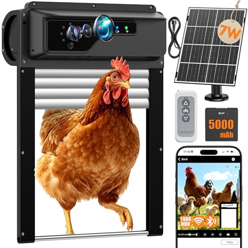Automatic Chicken Coop Door with Timer and Remote Control, WiFi 1080P Camera Smart Roll-Up Auto Poultry Door, 7W Solar Powered, App Control, Anti-Pinch Safety, Predator Alarm