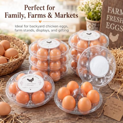 Zhehao 25 Pack Round Egg Cartons with Date Stickers Clear Plastic Half Dozen Egg Cartons Bulk Reusable Holders Fresh Eggs Storage for Family Pasture Farm Markets Display