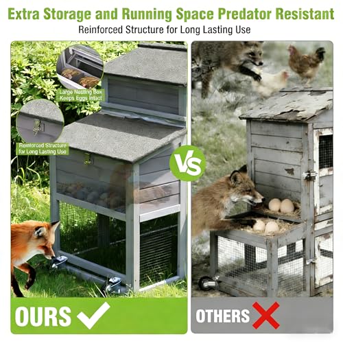 GUTINNEEN Chicken Coop with Wheels for 2-4 Chickens, Large Wooden Outdoor Hen House with Run, Waterproof & UV-Resistant Roof, Removable Leakproof Tray and Divided Nesting Box– Grey - color: (Grey-AIR32)
