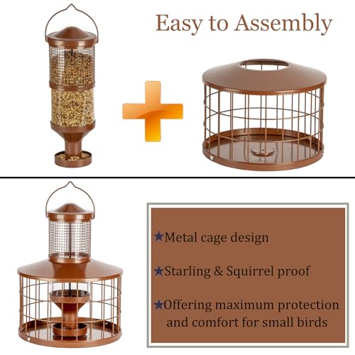 Caged Bird Feeders Squirrel-Proof, Metal, 2.8 Lbs Capacity-Cage Tube Seed Feeders with Tray Outdoor Hanging, Attract Birds,Detachable Cleaning, Starling Proof Wild Bird Feeder（Brown） - color: Brown