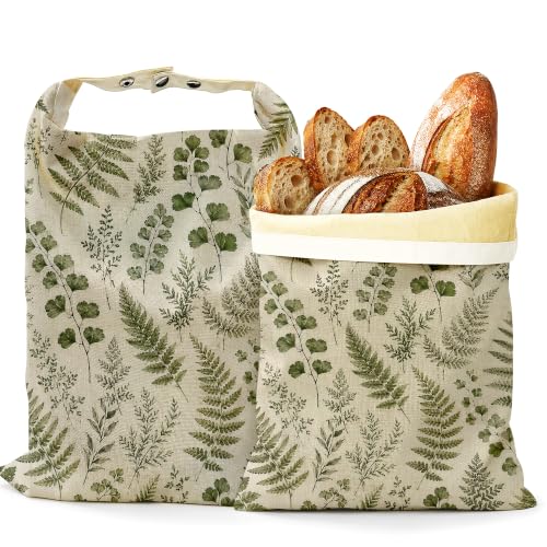 2 Pack Beeswax Linen Vintage Fern Bread Bags, Botanical Leaves Reusable Fresh Keeping Bags for Sourdough & Baguette, Freezable Portable Bread Storage Container 17×13'' - color: Vintage Fern Botanical