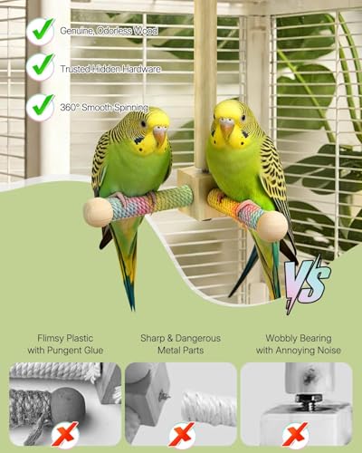 Pawfly 360° Rotating Bird Perch Toy, Interactive Spinning Bird Stand Parrot Perch, Natural Wooden Chew Toy for Small Birds, Cockatiel Toy, Parakeet Toy, Bird Toys for Parakeets, Bird Cage Accessories