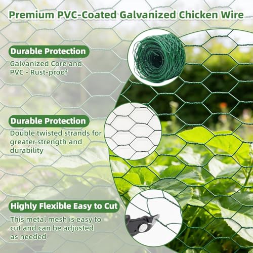 Chicken Wire for Floral Arrangements - Hexagonal Galvanized PVC Coated Poultry Wire Mesh Netting with Gloves, Wire Cutter & Zip Ties for Crafts, Poultry, Gardening Fence (15.7 x 118 lnches) - size: 15.7 x 118 lnches