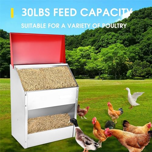 11.5-55lbs Galvanized Chicken Feeder - Rat Proof Poultry Feeder with Lid Weatherproof Outdoor Coop Food Dispenser (30lbs 13.8x8.3x17.7in) - size: 30lbs 13.8x8.3x17.7in