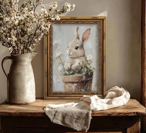 Vintage Gold Framed Easter Bunny Wall Art Floral Rabbit Cottagecore Oil Painting Canvas Prints Spring Flower Botanical Picture Poster Rustic Farmhouse Nursery Animal Artwork for Living Room Bedroom - color: Bunny, size: 24"L x 16"W
