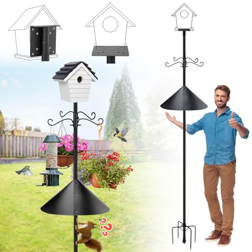 95 Inch Bird Feeder Pole with Squirrel Baffle - Adjustable Height Bird House Feeding Station Stand with Heavy Duty 5-Prong Anchor Shepherds Hook Hanger for Outdoor Garden Birds Watching