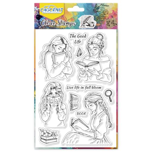 CHGCRAFT Book Woman Clear Stamps Elegant Lady Reading Transparent Handicraft Stamps for DIY Scrapbooking Photo Album Decorative, 6.3x4.3inch - style: Book and Woman