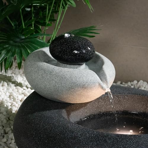 13.39" H Outdoor Water Fountain Made with Eco-Friendly Recyclable Materials, Polyethylene Rock Waterfall Outdoor Fountain, Garden Decor with LED Light & Pump for Patio, Backyard (13.39") - size: 13.39"
