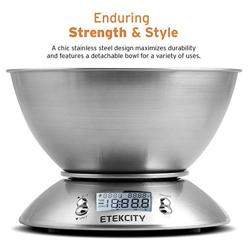 Etekcity Food Scale with Bowl, Timer and Temperature, Grams and Ounces | Stainless steel bowl with tare, temperature sensor, ideal for baking, coffee and meal prep - color: Stainless Steel-Silver
