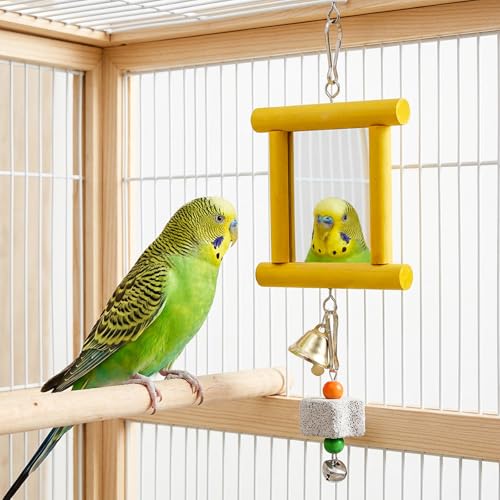Chicken Toys for Coop, Chicken Enrichment Toys Hanging Swing Mirror with Bells and Beak Grinding Molar Stones, Chickens Mirror Toys for Coop Roosters Hens Birds Parrots(Yellow)