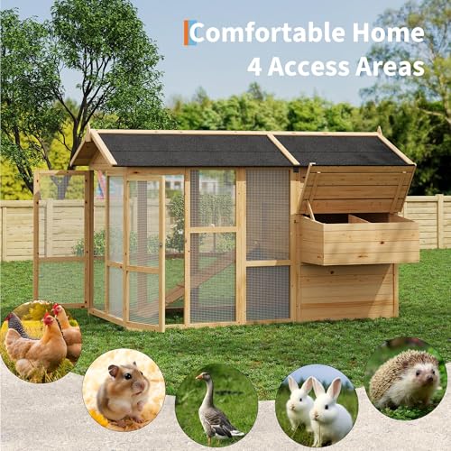 IDEALHOUSE Large Outdoor Chicken Coop for 4-6 Chickens Wooden Hen House with Waterproof Asphalt Roof, Ramp, Nesting Box, Wire Fence, (80" x 35" x 54") Natural