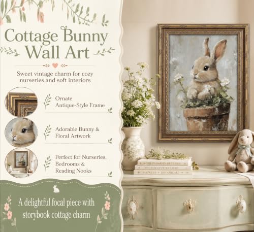 Vintage Gold Framed Easter Bunny Wall Art Floral Rabbit Cottagecore Oil Painting Canvas Prints Spring Flower Botanical Picture Poster Rustic Farmhouse Nursery Animal Artwork for Living Room Bedroom - color: Bunny, size: 24"L x 16"W
