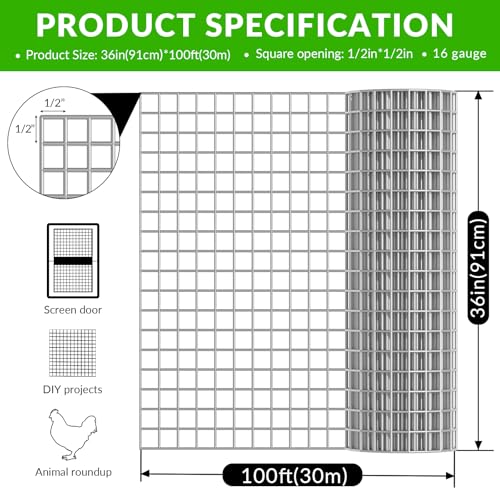 Welded Wire Fence 1/2‘’x 1/2‘’ 36in x 100 ft,Vinyl Coated Welded Wire Mesh Roll,16GA Heavy Duty Galvanized Chicken Wire Fencing, Hardware Cloth for Yard Vegetable Protection Goat & Poultry Netting - size: 36'' x 100'-16 Gauge(Silver)