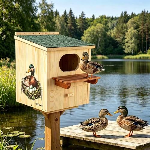 Large Wood Duck House – Weatherproof Roof, Duck Perch Platform | Duck nesting box for yards, ponds, wetlands. Predator-proof entrance, duckling ladder, easy-clean. Fits trees, posts, walls.