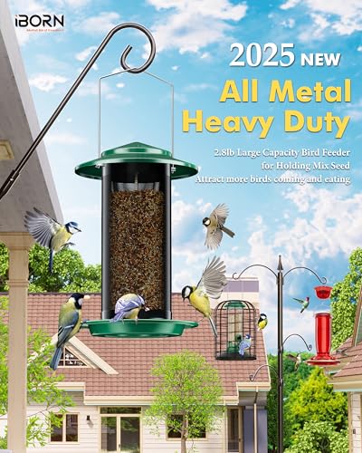 iBorn Bird Feeders for Outdoors, All Metal Mesh Tube, Holding Bird Seed for Outside Feeders,17.7cm Large Roof, Green, 2.8lb(Seed is not Included) - color: Green, size: 2.8LB，6.9′′Large Roof