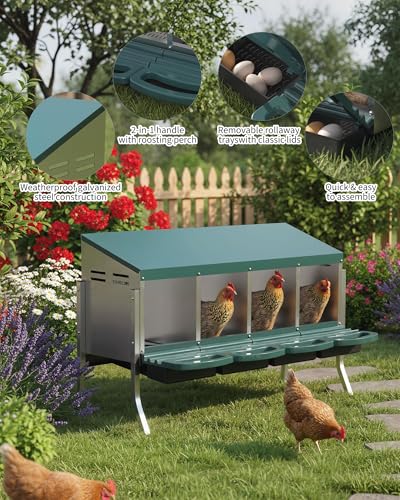 GarveeLife Chicken Nesting Box 4 Hole, Galvanized Steel Nest with Roll Away Egg Collection & Swing Perch, Easy-Clean Laying Box for Hens, Heavy Duty Design for Chicken Coop - color: Green, size: 4 holes with legs