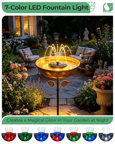 13" Metal Bird Bath with Solar Fountain, Battery & LED | 6.3" Fountain, 4 Fixed Rods, 5 Spray Patterns, 3" Deep Bowl, 1.4 Gallon Capacity, 5-Prong Stake for Flowing Water Feature