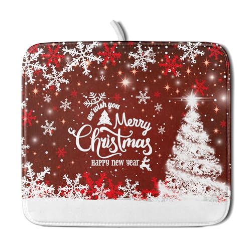 Happy New Year Red Dish Drying Mat for Kitchen Counter,Merry Christmas Tree Snowflake Drying Mat 16 x 18 Inch with High Absorbent Reversible Microfiber Dish Drying Pad Drainer Mat for Coffee Bar - color: Happy New Year, size: 16" x 18"