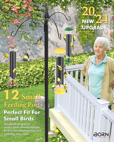 iBorn Finch Feeders for Outside,Nyjer/Thistle Bird Feeder,14 Inch Tube Bird Feeders for Outdoors Hanging,Metal Finch Feeders for Thistle Seed with 12 Small Ports,8 Metal Perches,Yellow,Pack of 1