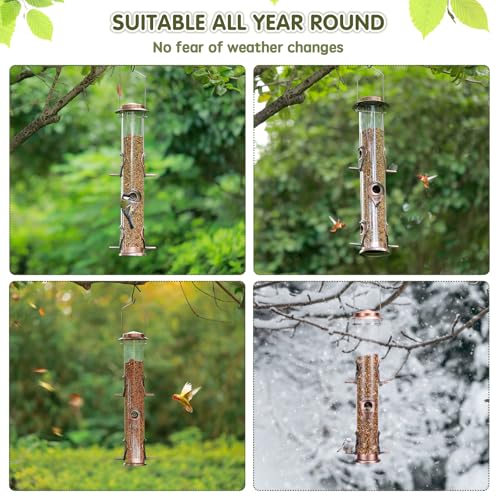 Metal Bird Feeder Tube Hanging Wild Bird Seed Feeder Aluminum Six Port Bird Feeders,1.4 mm Extra Thick Solid Tube Transparent with Steel Hanger Great for Attracting Birds (Antique Copper 2PK) - color: Antique Copper 2PK