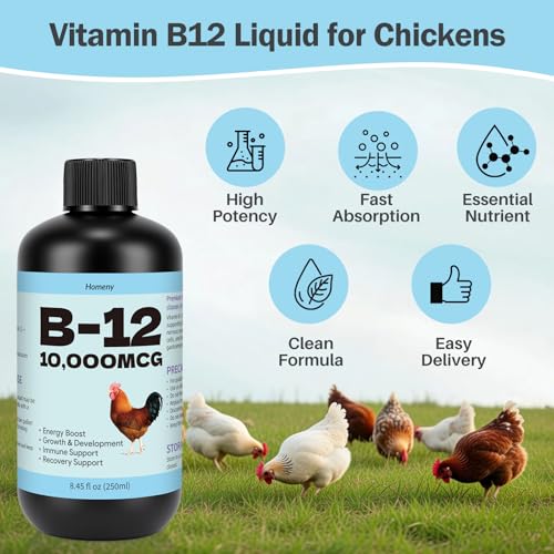 Vitamin B12 Liquid for Poultry, 10000 MCG Nutritional Supplement for Chickens, Supports Daily Vitality & Development, Liquid Vitamin Feed Additive for Hens, Roosters, Ducks, Geese & Turkeys