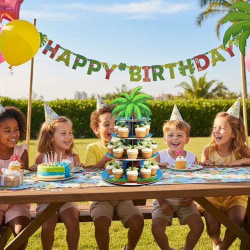 Blue Cupcake Stand Cartoon Themed Birthday Party Decorations 3 Tier Palm Tree Dessert Cake Toppers Stand Decorations Cupcake Holder Tower for Video Games Party Supplies Pixel Baby Shower - style: Cartoon