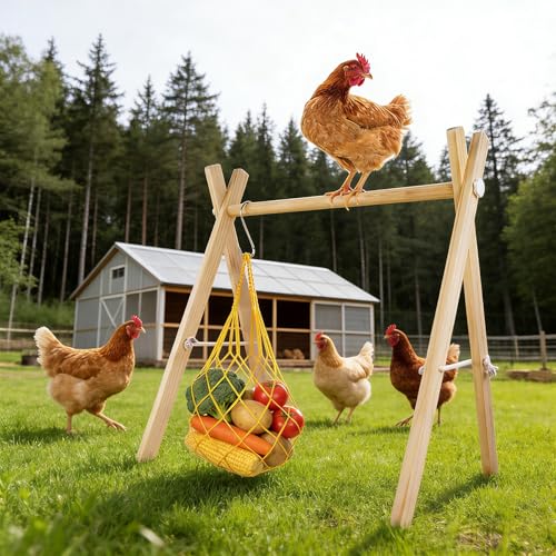 Chicken Perch & Swing Set for Coops, Wooden Roosting Bars with Feeding Net, Easy Assemble Chicken Coop Accessories for Backyard Poultry