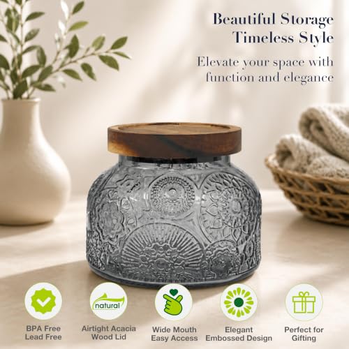 Decorative Grey Embossed Glass Jar with Airtight Wooden Lid, 25.4 fl. oz | Wide mouth vintage storage canister, kitchen pantry bathroom organization, coffee sugar tea cookie candy candle vase gift - size: 25.4 Ounces, style: Grey Flower