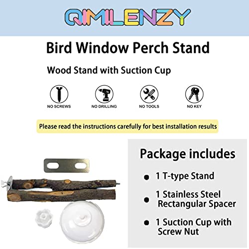 Portable Bird Perch Stand- T-Shaped Natural Apple Wood with Vacuum-Grip Suction Cup for Windows, Flat Tiles, Bath/Car/Travel - Durable & Safe for Parrots, Cockatiels, Lovebirds (Small to Medium Birds)