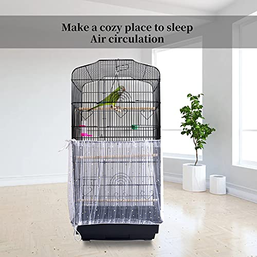 Daoeny 2Pcs Adjustable Bird Cage Cover, Upgraded Airy Nylon Mesh Parrot Net with Sequins, Universal Seed Feather Catcher, Soft Birdcage Cover Skirt Sheer Guard for Parakeet Macaw Round Square Cages - color: Upgraded Sequined, size: 78.7 x 15.7 inch