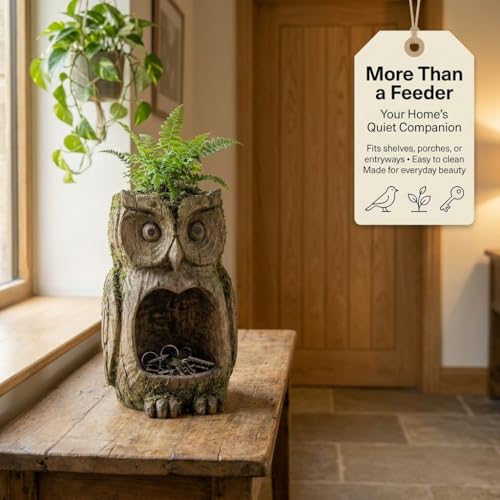 Owl Bird Feeder for Outdoors Hanging, Resin Sculpture Wild Birdfeeders with Lanyard, Decorative Birdhouse for Garden Yard, Weather Resistant Animal Planter for Outside