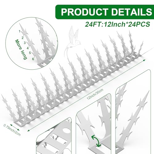 Bird Spikes for Outside 24 Pack 24 FT Stainless Steel Deter Pigeon Squirrel | Made of durable stainless steel, effective deterrent for pigeon, squirrel, cat, raccoon and snake - size: 24 FT