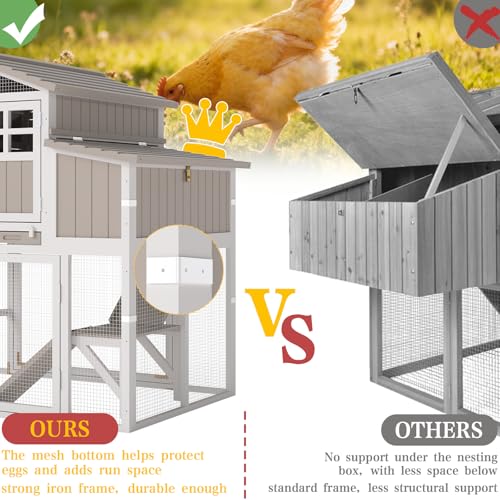 PetsCosset Large Chicken Coop Outdoor with Run, Expandable Hen House, Grey | with Sectionable 4 Nesting Boxes, Rabbit Hutch Poultry Bunny Cage for 2-4 Chickens with 4 Perches, Pull-Out Tray and Ramp