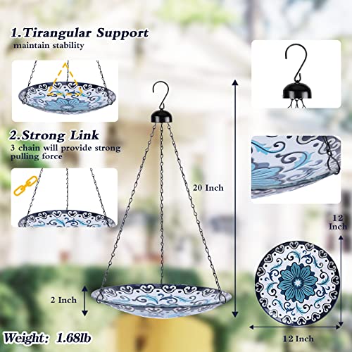 Hanging Bird Bath Outdoor Glass Flower Birdfeeders Garden Yard Decor | 12 Inch Hanging Bird Bath for Outside, Flower Glass Bird Water Bowl Bird Feeder for Garden, Lawn and Yard Decor - color: blue and white porcelain