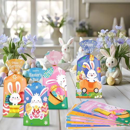 Litmitfu 100 Pcs Happy Easter Treat Bags - Cute Bunny Cellophane Goodie Bags, Plastic Happy Easters Day Cello Candy Goody Gift Bag with Twist Ties for Spring Easter Party Favor Supplies, 4 Styles - color: Easter