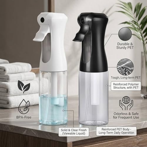VIGOR PATH 200ml Continuous Mist Spray Bottle for Hair Plants and Skin Care | Ultra Fine Atomizer Leak Proof Ergonomic Construction 360 Refillable - size: 6.7 oz - Black/White
