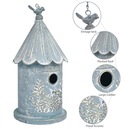 Metal Hanging Birdhouses for Outdoors Bird Houses for Outside Unique Bird Nest for Bluebird Wren Chickadee Sparrow Bird Nest Box for Garden Patio - color: Blue
