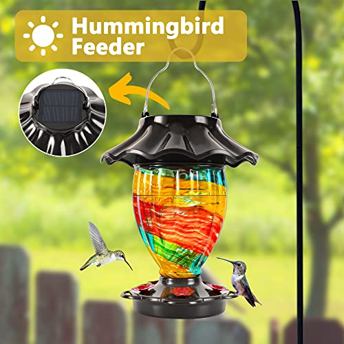 LUJII Solar Hummingbird Feeder for Outside, Color Changing, Hand Blown Glass, 32 fl.oz Never Leak, Waterproof & Rustproof, Lighted Lantern for Patio Decor, Unique Gift for Bird Lover (Ribbon) - color: Ribbon