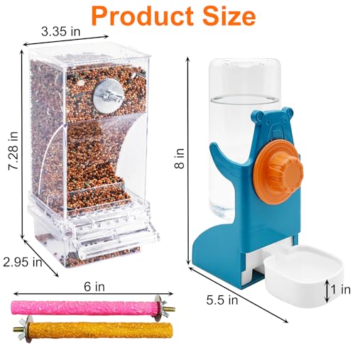 VCEPJH No Mess Bird Feeder with Water Dispenser, Automatic Parrot Feeder Drinker Parakeet Seed Dispenser Food Container with Cage Perch for Lovebirds Conures Budgies Canary Finch (4Pcs) - color: Blue