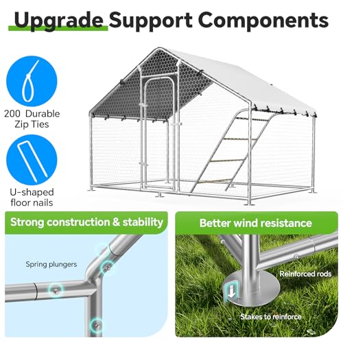 10 x 4.9 x 6.4 FT Metal Chicken Coop, Chicken Run with Cover | Walk-in Metal Chicken Coop, Waterproof Cover, Side Hardware Cloth, Roosting Perch, reinforced frame, Backyard & Farm Use - size: 5x10Ft