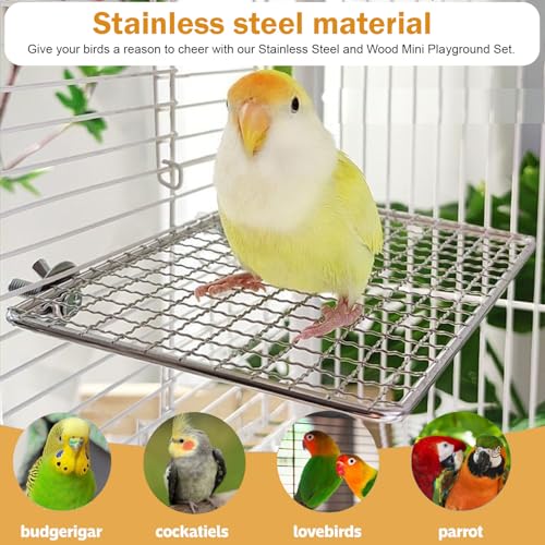 Parrot Climbing Playground Set, Stainless Steel and Wood, 2 Mesh Platforms and 2 Ladders, Modular Multi Cage Accessory for Small Parrots - color: Stainless Steel Natural Wood