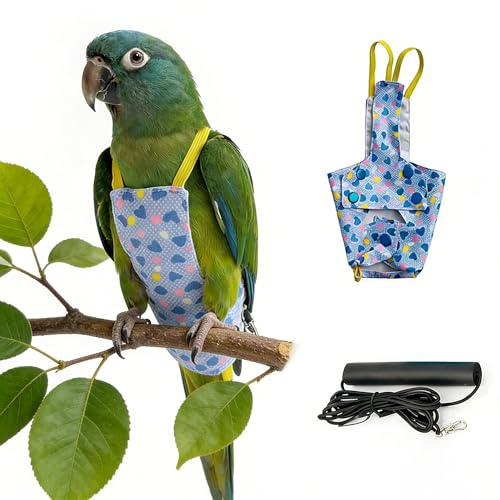 Parrot Flight Suit with Elastic Leash, 2-in-1 Vest & Traction Set, Quick-Release Design, 2 Colors (Blue Heart/Black Heart), Polyester, 7.48x7.87in, for Budgie Cockatiel Lovebird (Blue Heart) - color: Blue Heart