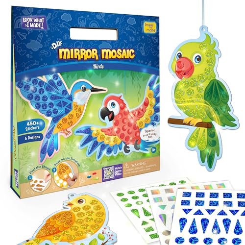 Imagimake Mirror Mosaic - Birds, 5 Templates, 450+ Stickers | Mess-Free Craft Activity, Screen-Free Creative Art Kit for Kids, Birthday Gift for Boys & Girls Ages 3,4,5,6,7 Years Old - style: 6. Birds